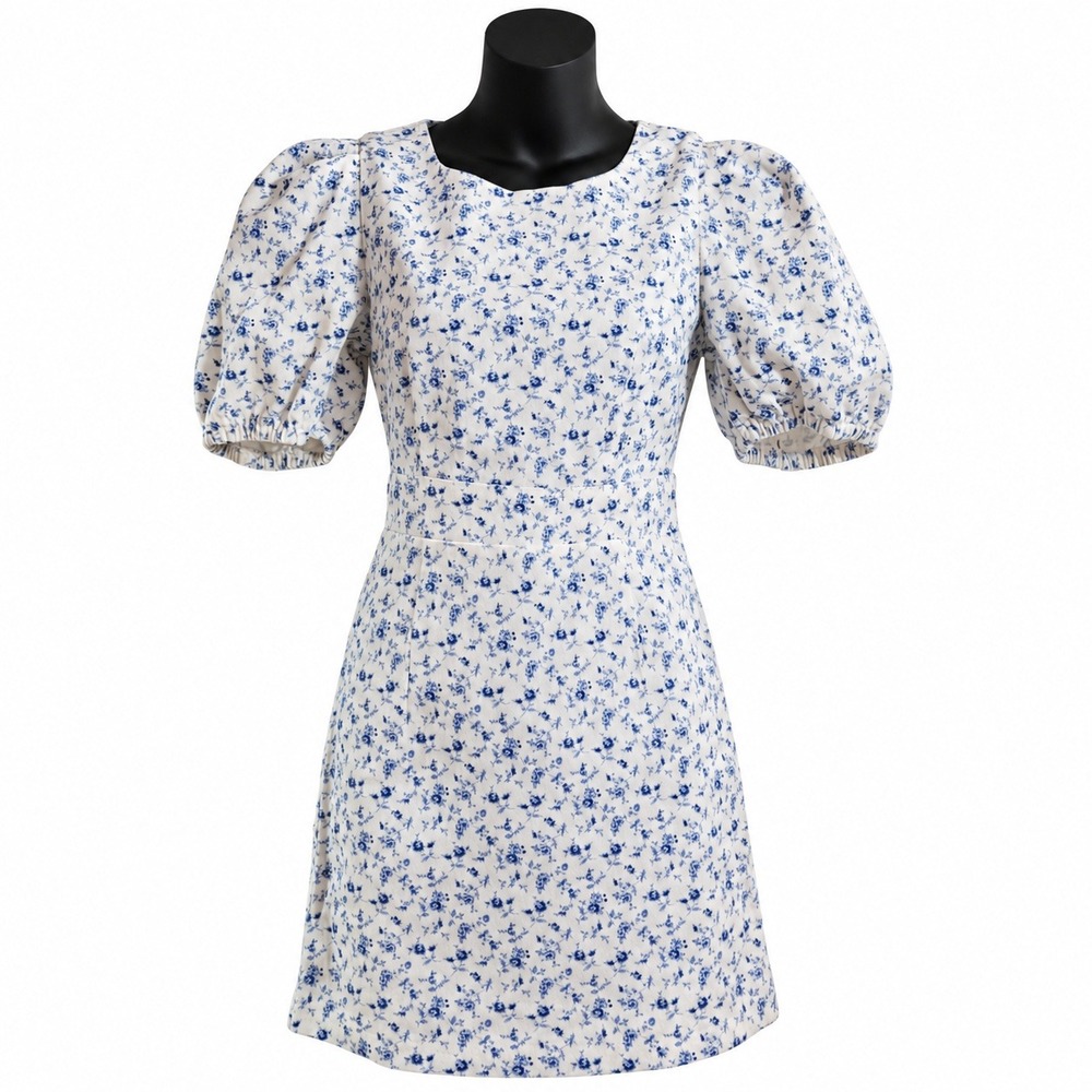 Forever 21 Blue Floral Puff Sleeve Mini Denim Dress Womens Medium Open Back